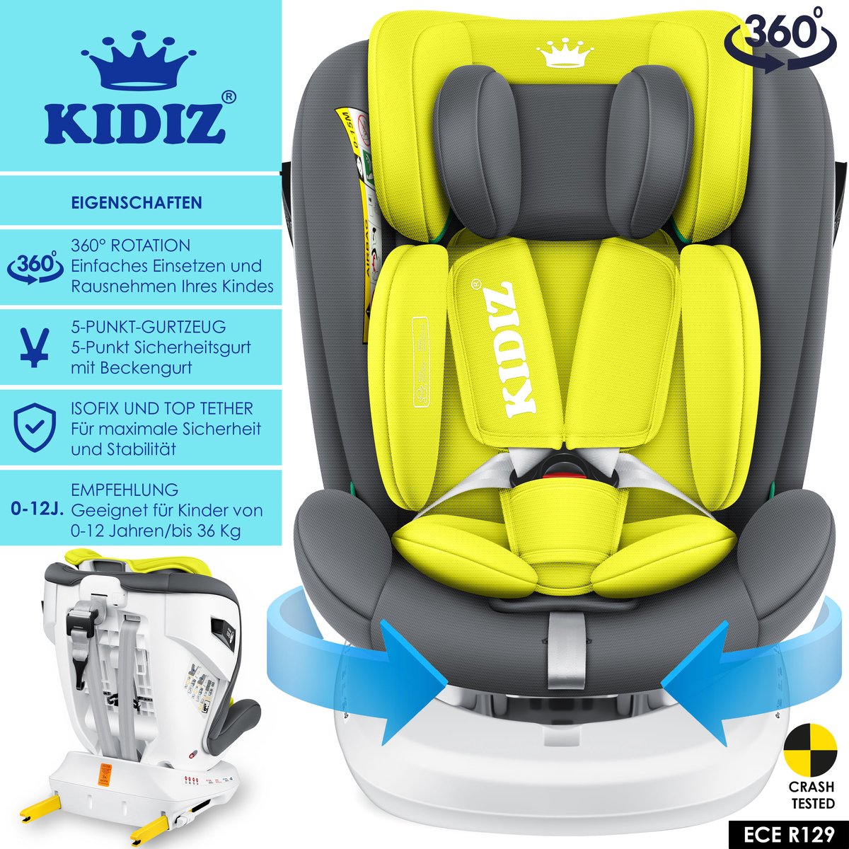 KIDIZ® Autostoeltje / Babyautostoeltje Isofix Top Tether 360° draaibaar Groep 0/1/2/3 vanaf de geboorte 0-36kg Met zonnekap Zijbescherming 5-puntsgordel Hoofdsteun Verstelling ECE R 129/03 - Grijs