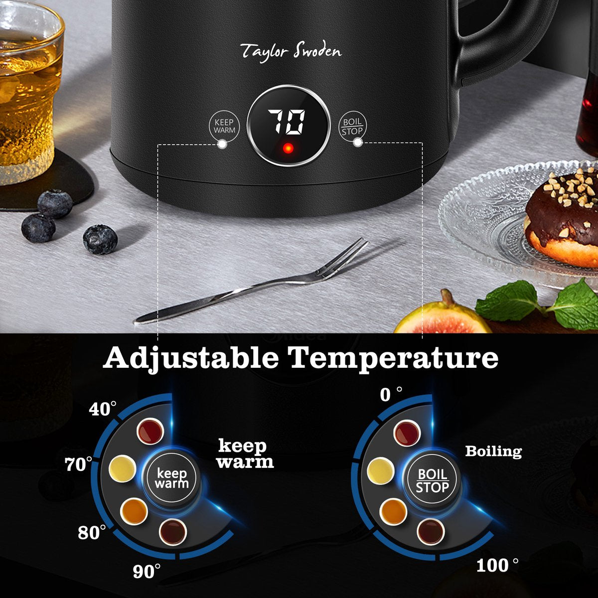 Waterkoker met temperatuurregeling - Retro - 1.7L - 2200W - Zwart