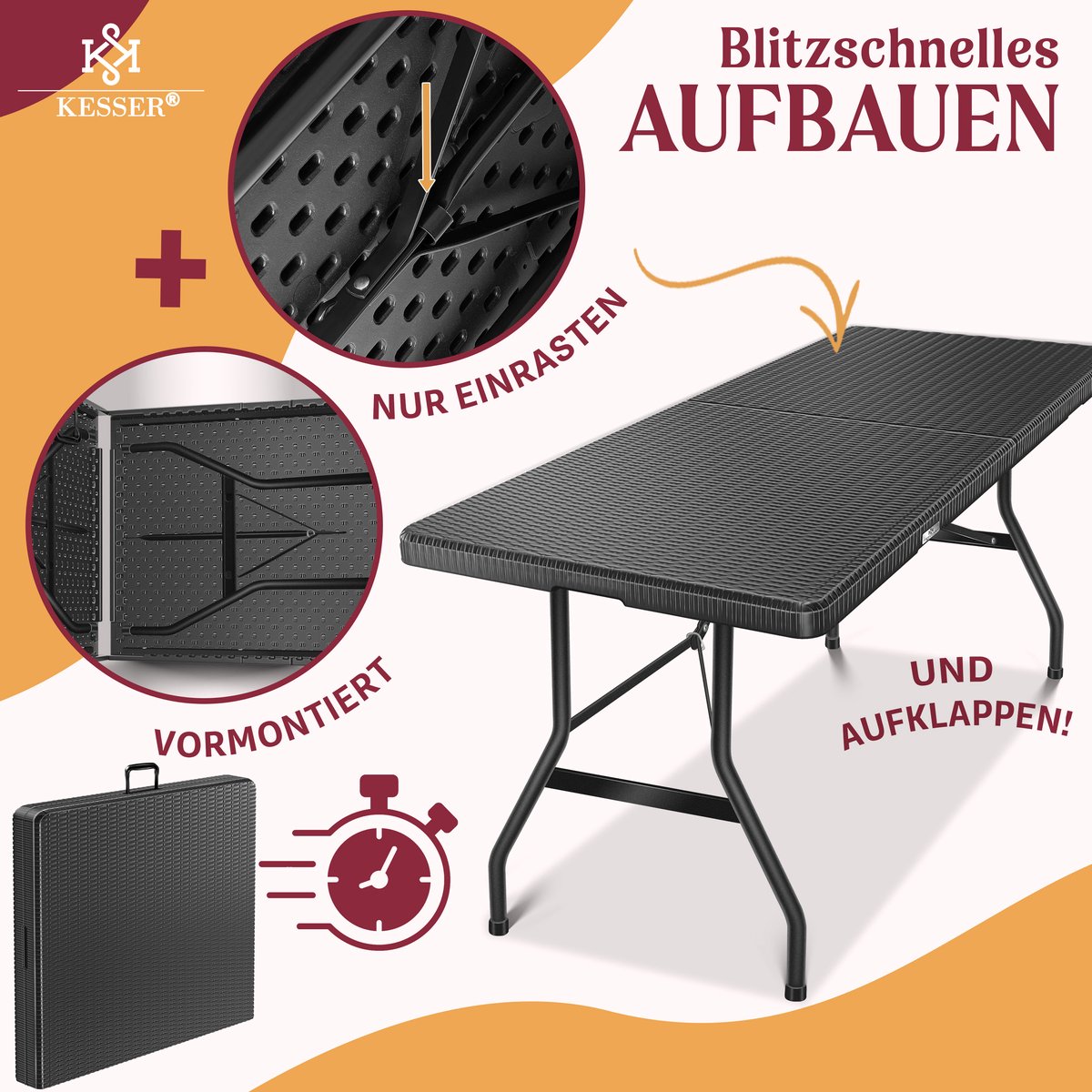 KESSER® Inklapbare Tafel 180x75x73cm Vouwtafel Kunststof - Campingtafel Klaptafel Geschikt voor 8 Personen voor Tuin, Terras en Balkon inclusief Draaggreep - Antraciet