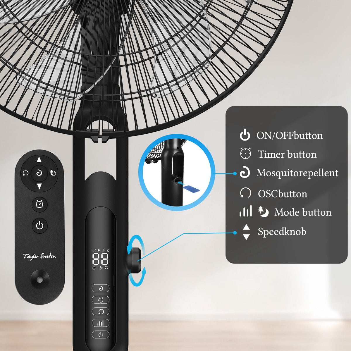 Taylow Swoden Statiefventilator - Ventilator Staand - Verstelbaar - 40W - Zwart