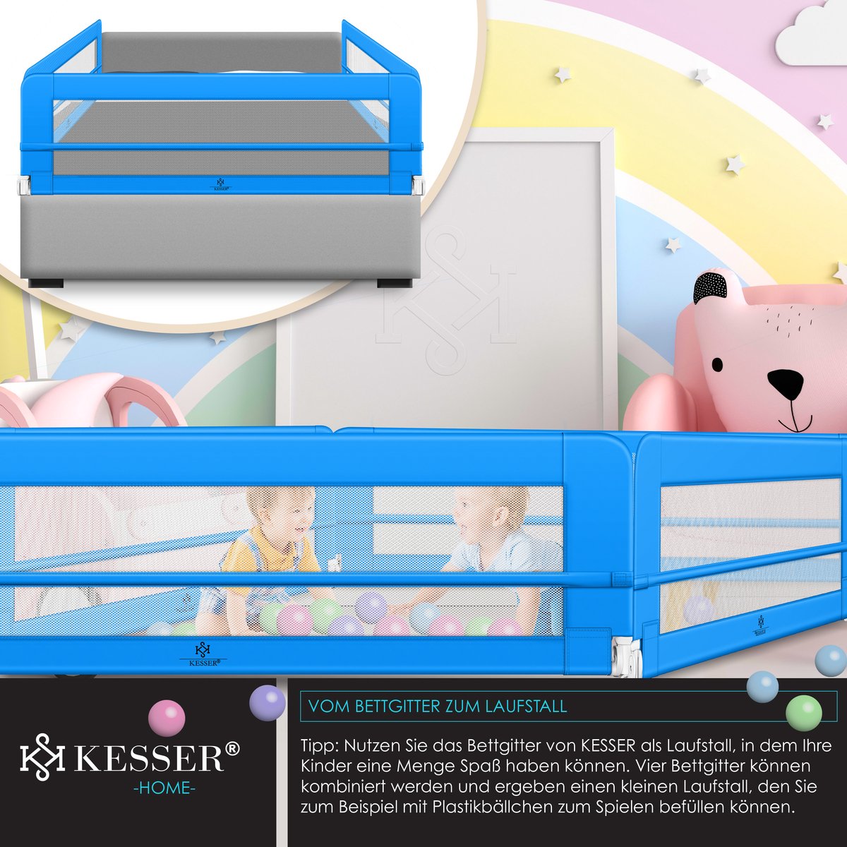 Bedhekje - 180 cm - Bedrand - Bedrail - Bedrek - Blauw - KESSER®
