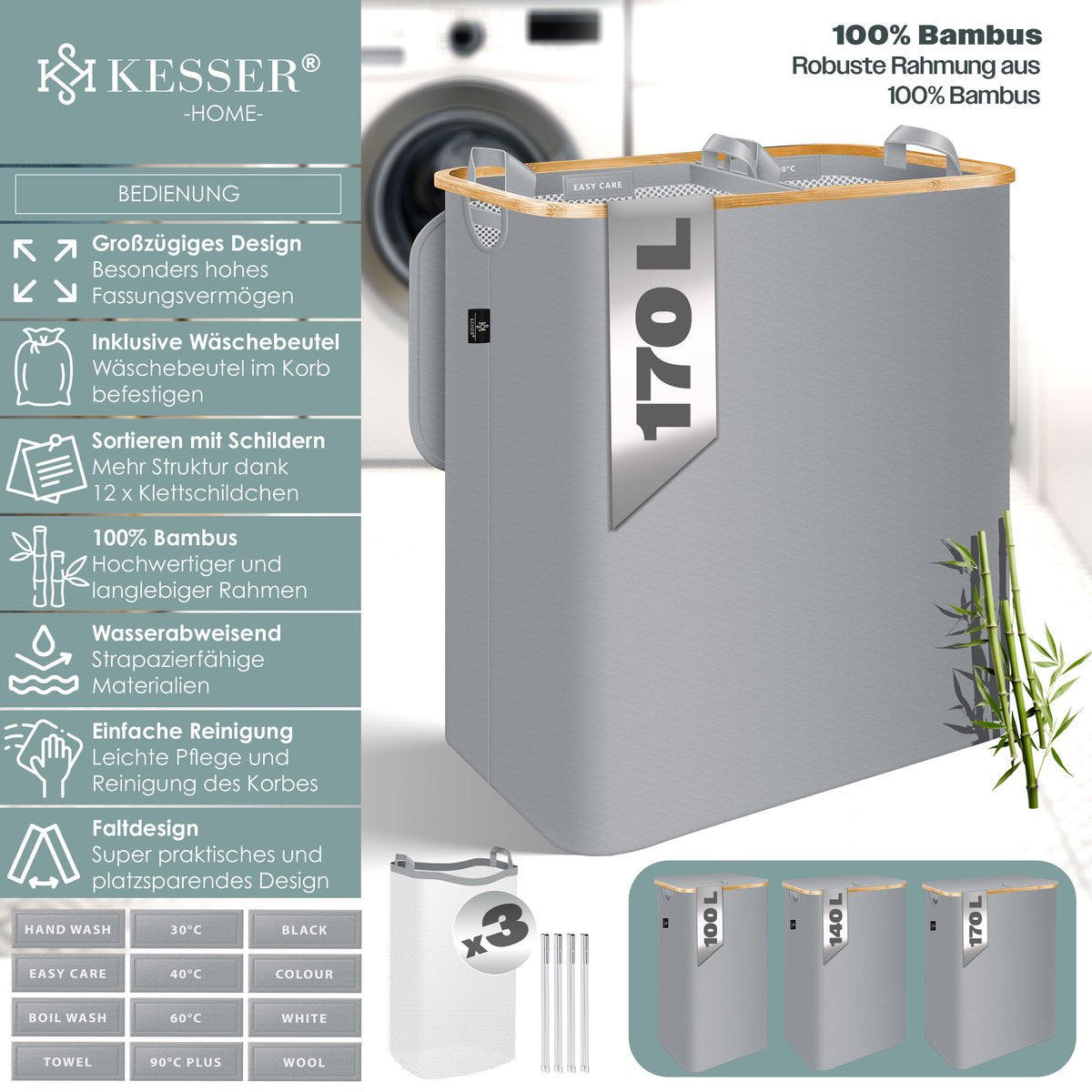 KESSER® Wasmand met Deksel - 3 Waszakken - 170 Liter - Grijs