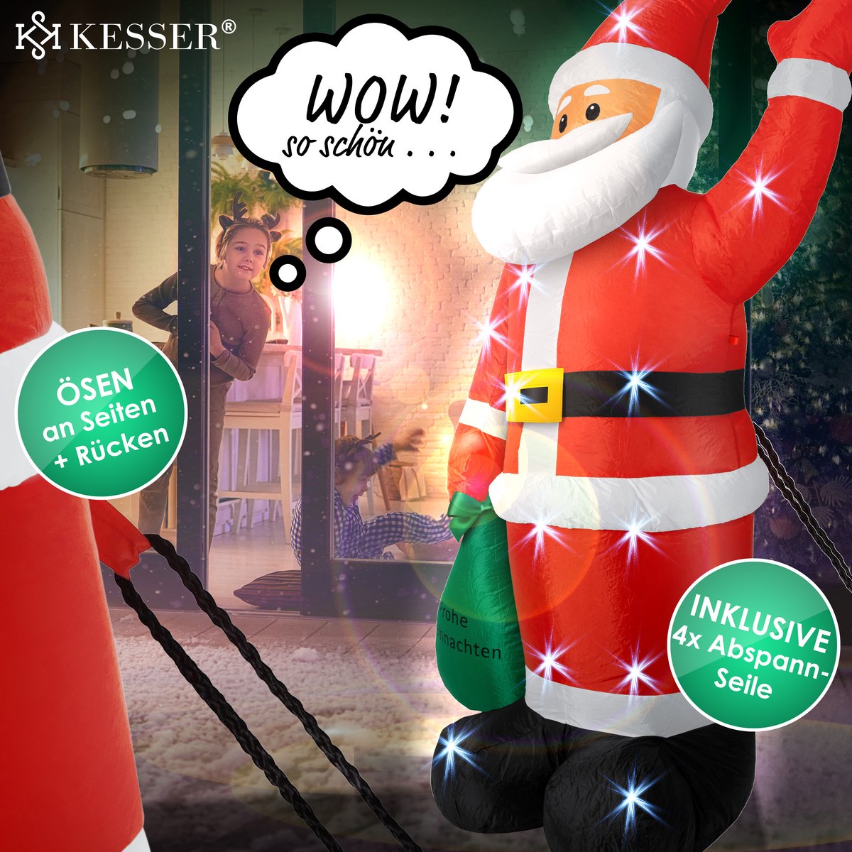 KESSER® XXL Opblaasbare Kerstman LED Verlicht - Kerstverlichting, kerstdecoratie, Kerstversiering, kerstman pop met bevestigingsmateriaal, weerbestendig IP44 - 195cm