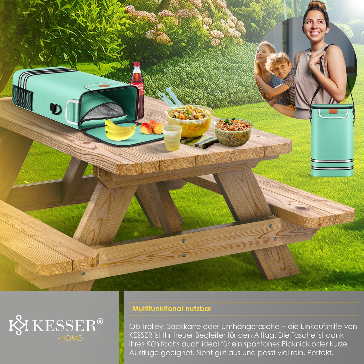 KESSER® Boodschappentrolley met koelvak - Boodschappenwagen 56 liter - Steekwagen functie draagkracht tot 50 kg Opvouwbare Boodschappenkar - Mintgroen