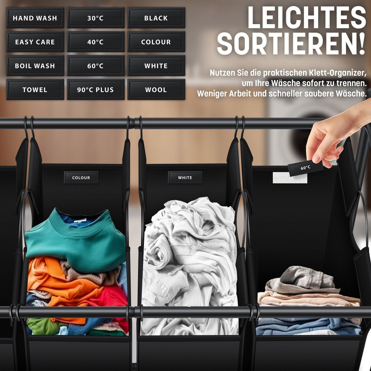 KESSER® Wasmand op Wieltjes - 4 Vakken - Wassorteerder - Zwart •
