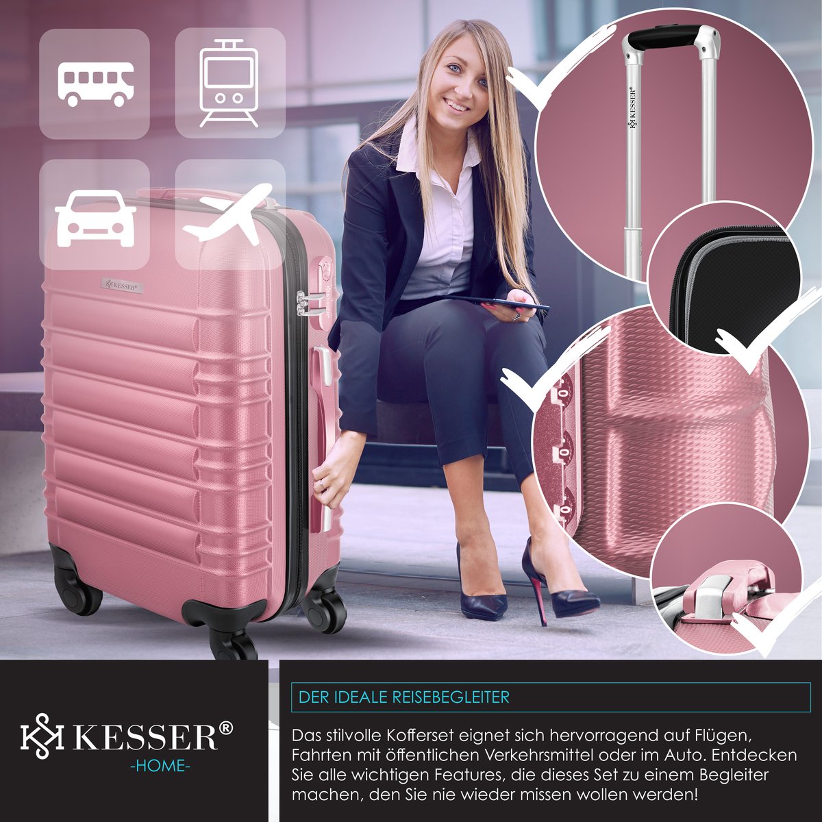 KESSER® 4x Koffer, reiskofferset, trolley koffer, incl. bagageweegschaal + bagagelabel rollend kofferslot, 4 wielen ABS, harde schaal telescoopgreep S-M-L-XL - Roze