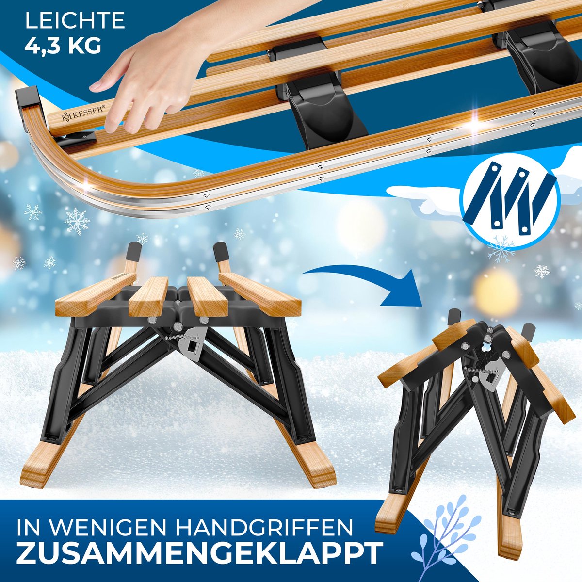 KESSER® Houten slee Premium slee Opvouwbare kinderslee van beukenhout incl. trektouw Slider Metalen lopers - Houten slee, Zwart