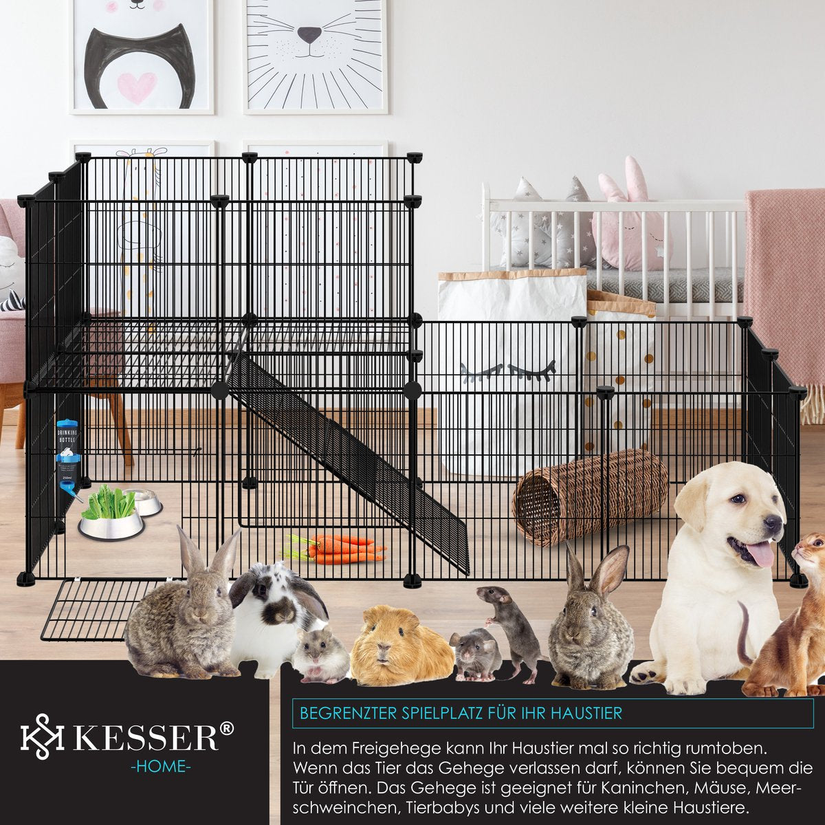 KESSER® Konijnenren - Konijnenhok - 36x216x216 cm - Binnen & Buiten - Zwart