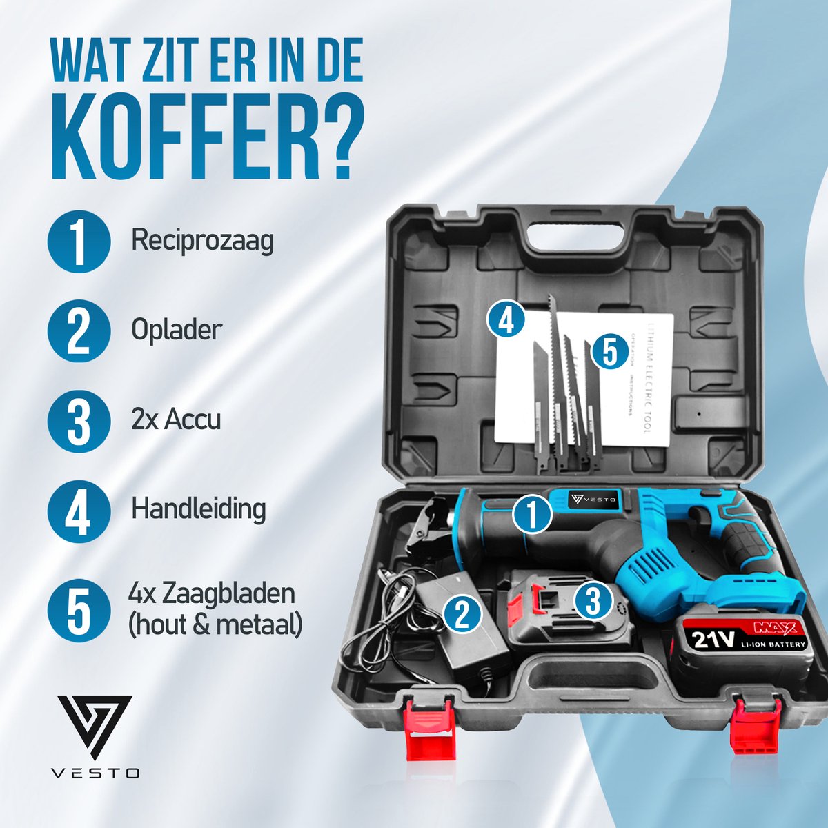 Vesto® Accu Reciprozaag – 21V Li-Ion – Incl. 2 Accu’s, Zaagbladen & Koffer – 25mm Slag – Voor Hout, Metaal & Kunststof – Snelwisselsysteem – Draadloos