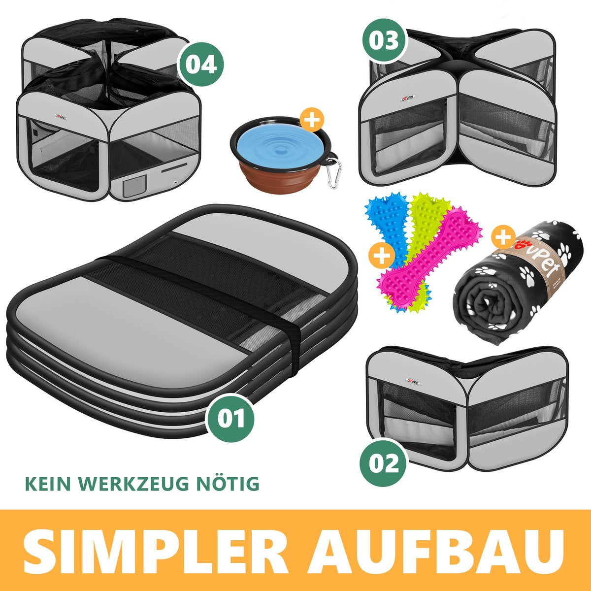 LOVPET® Puppyren voor Kleine Dieren Honden Katten - Opvouwbaar Hondenren inclusief kom en Haringen - Puppy Ren Pop-up Systeem Indoor & Outdoor Konijnenren - Lichtgrijs