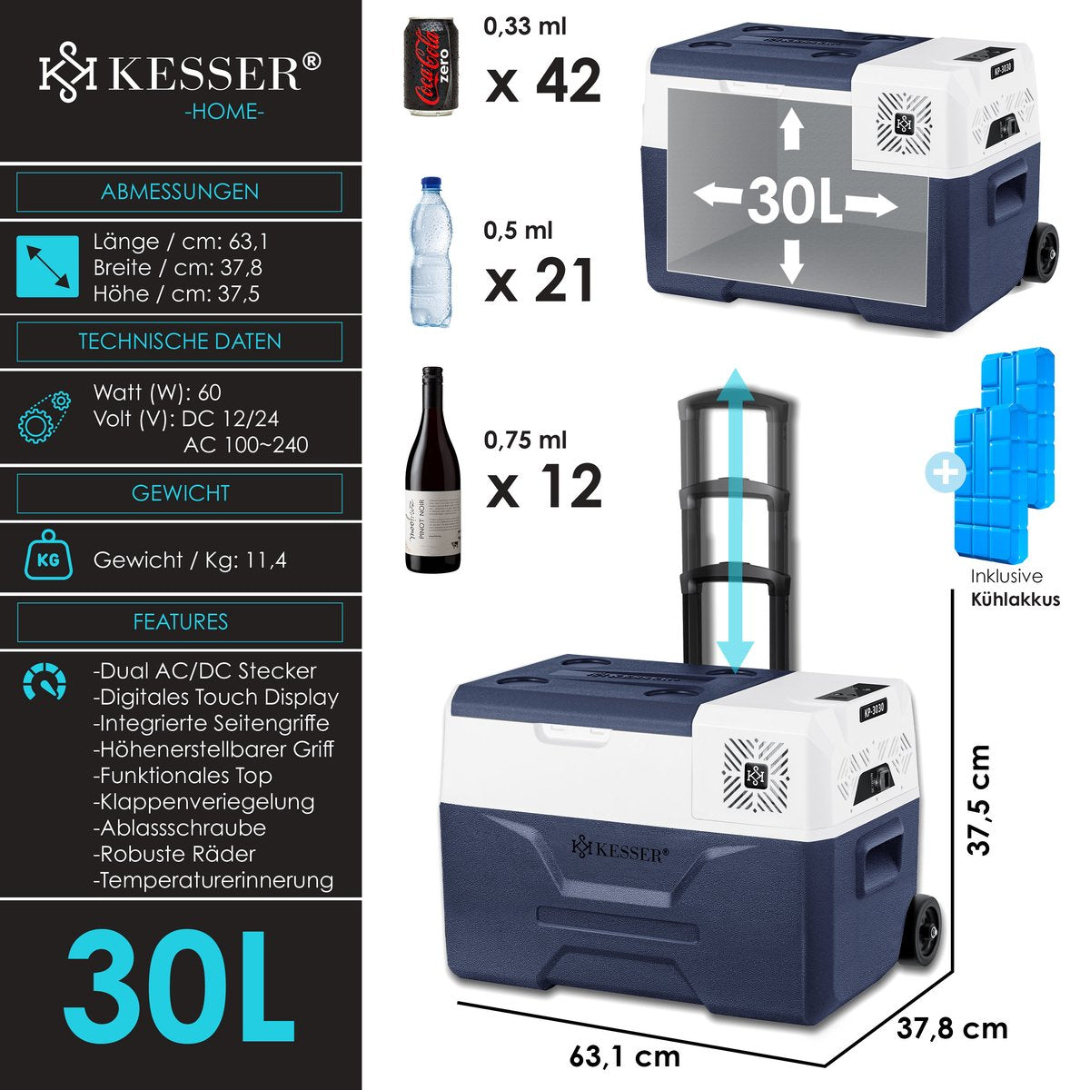 KESSER® Elektrische Koelbox - Compressor - tot -20°C - 30L - Marineblauw