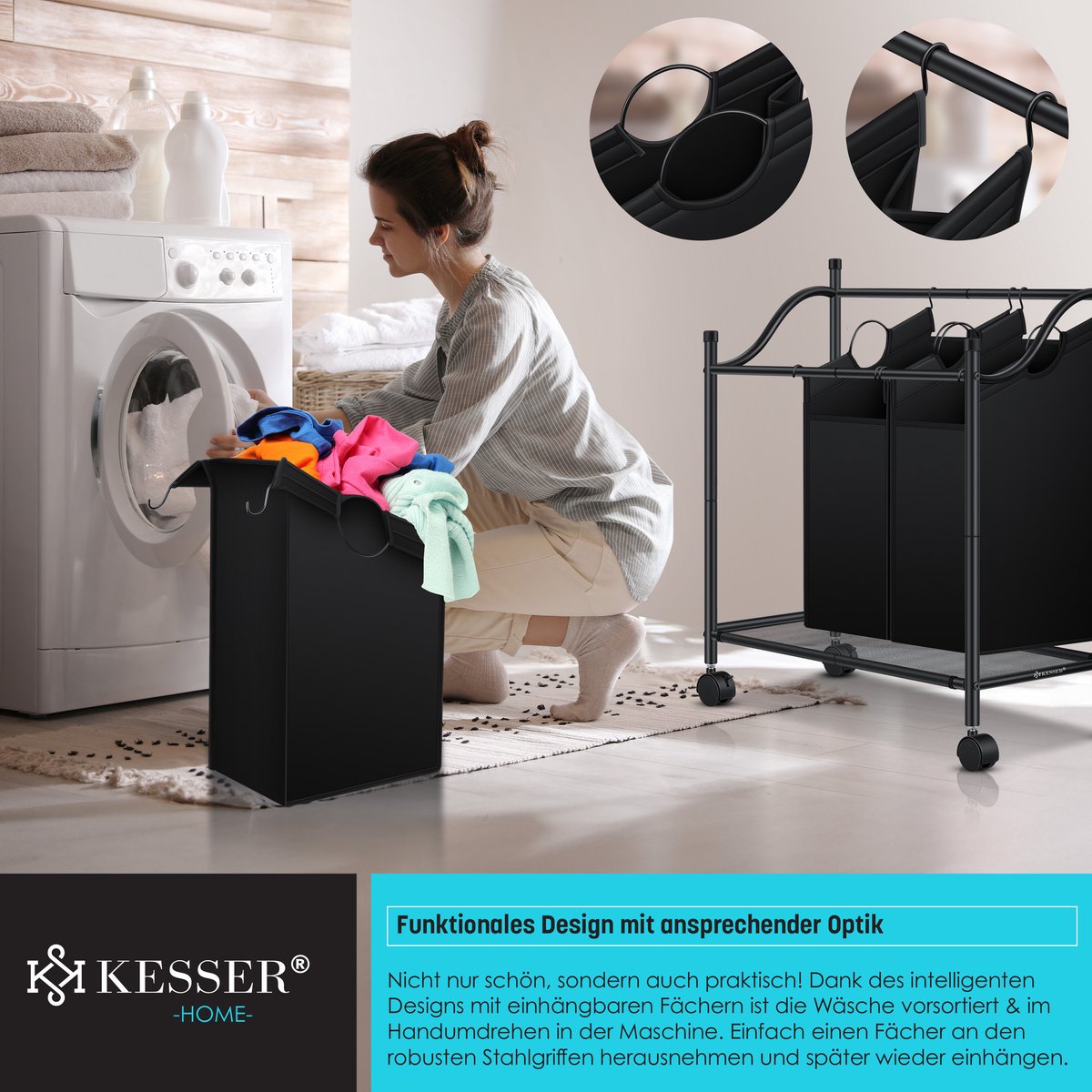 KESSER® Wasmand op Wieltjes met 3 Uitneembare Vakken - Wassorteerder Waszak - Zwart