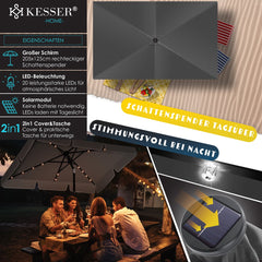 KESSER® Parasol LED Solar Stokparasol met Zwengel Incl. 2in1 Beschermhoes Transporttas, Tuinparasol, Parasol voor Balkon Tuin & Terras Verstelbaar Buigbaar Balkonparasol - Hoekig, Antraciet