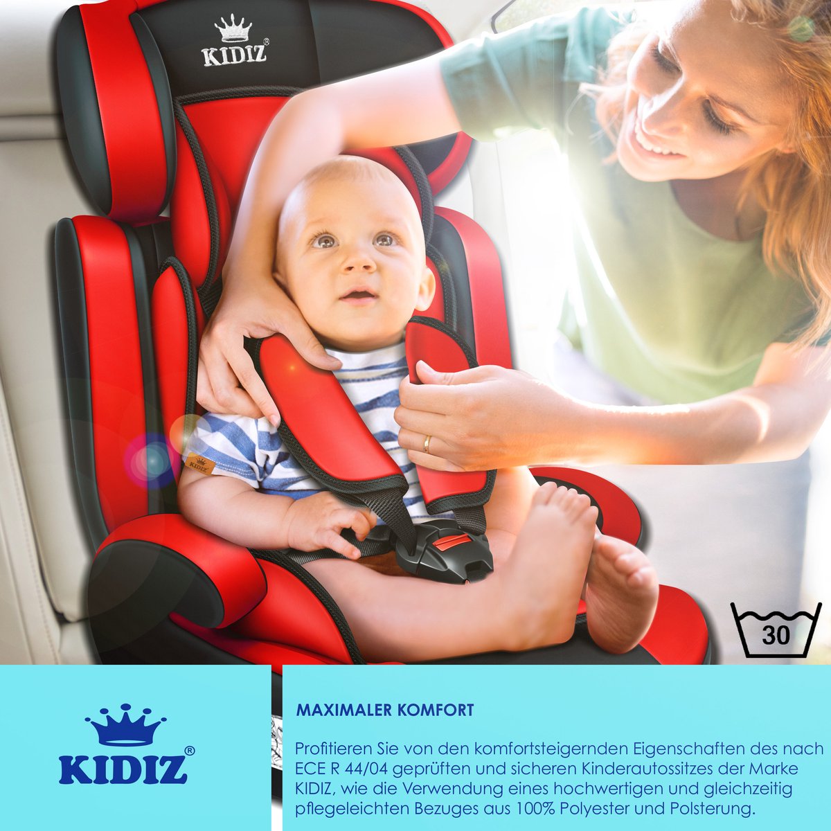 KIDIZ® Autostoeltje Groep 1+2+3  9-36 kg 5-punts veiligheidsgordel, Autostoeltje, Kinderzitje, Verstelbare Hoofdsteun | Stoelverhoger 1-12 jaar, Stabiel en Veilig - Rood