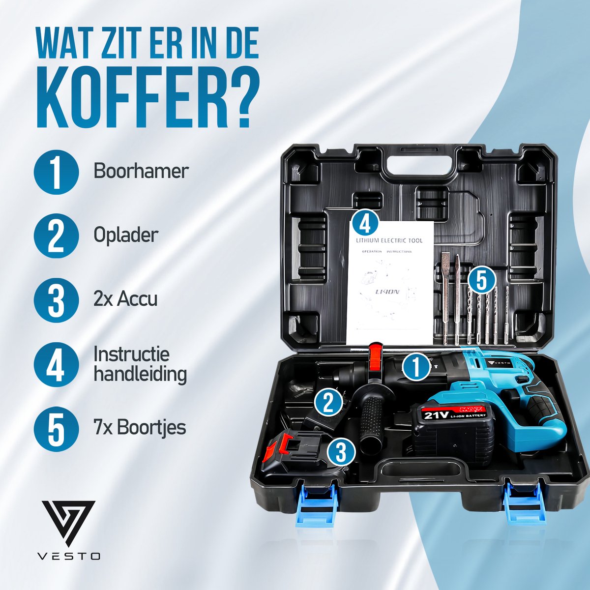Vesto® Elektrische Boorhamer - Draadloze Klopboormachine - Hamerboor met Beitelfunctie - Accu Combihamer - Betonboor - Inclusief Borenset, 2x Accu & Oplader
