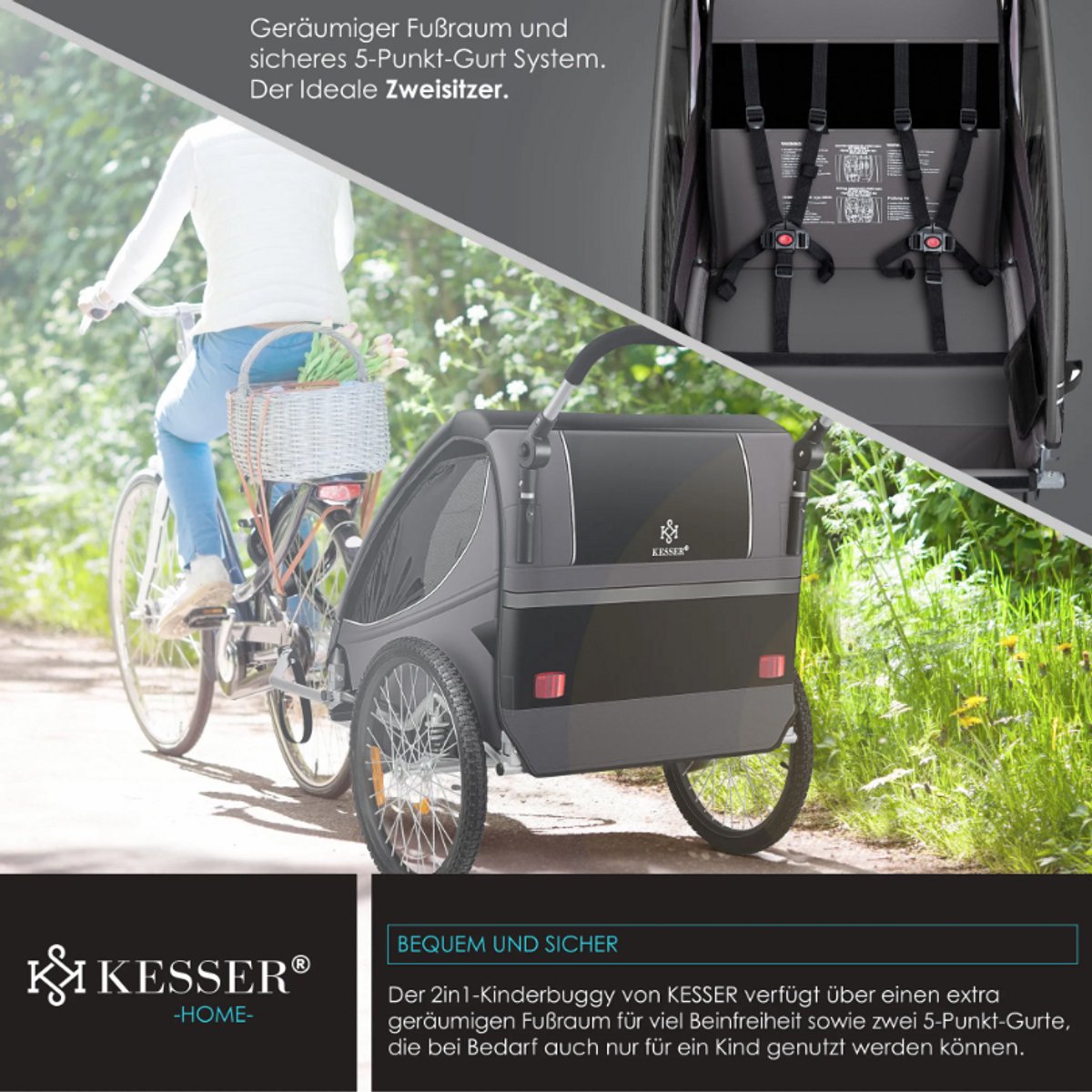 KESSER® Fietsaanhanger met vering - Max. 40kg - Grijs