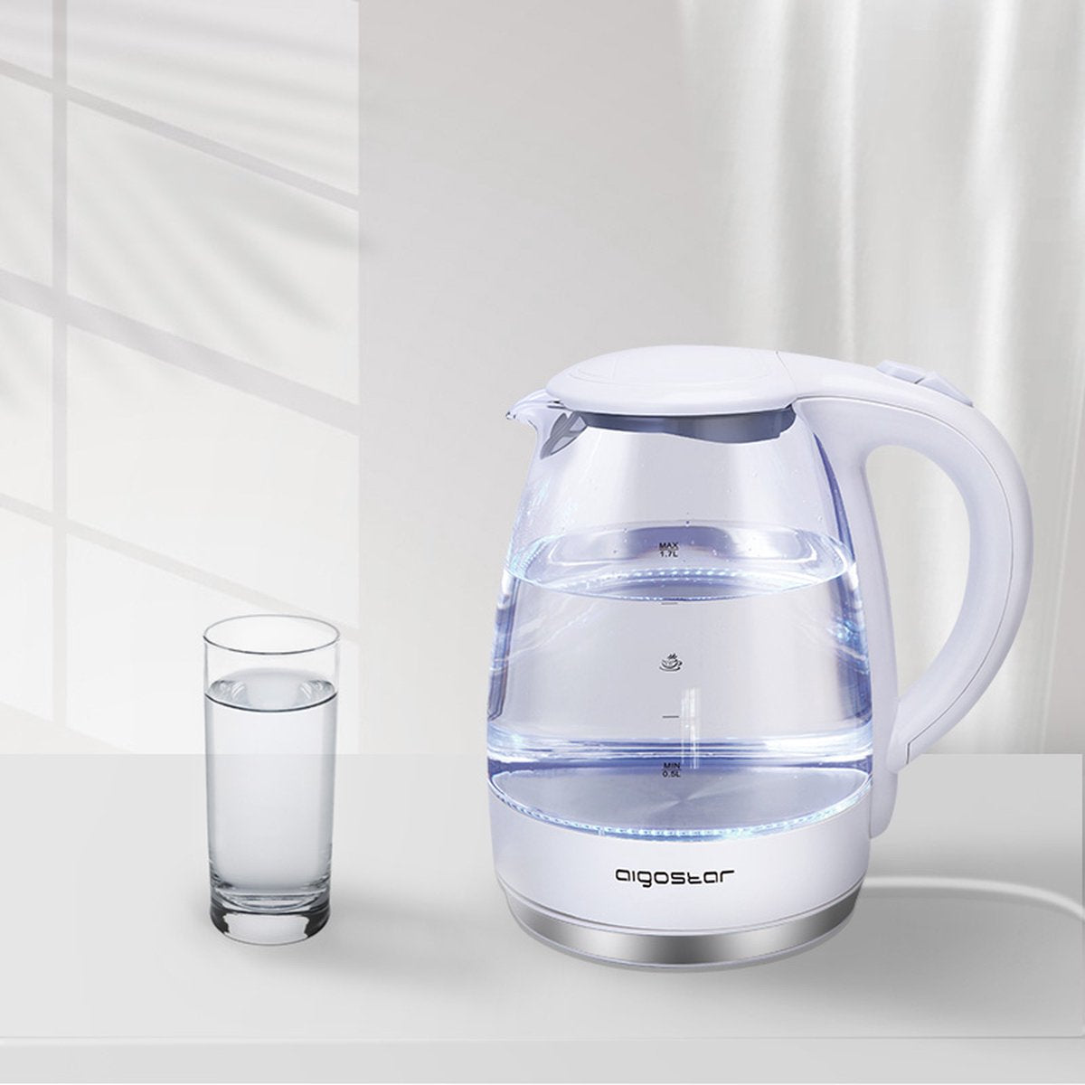 Aigostar Eve 30GON - Glazen Waterkoker met LED - 1,7L - 360° draaibaar - Blauw LED verlichting - 2200W - Wit