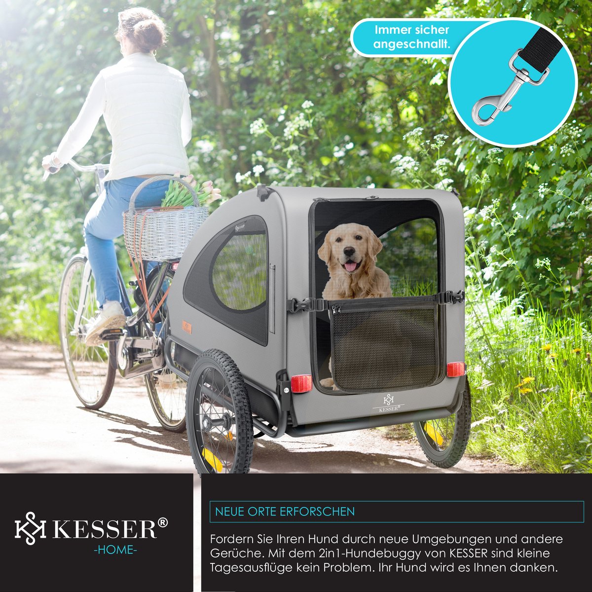 KESSER® Hondenfietskar tot 45 kg 2in1 Fietskar Hond - Grijs