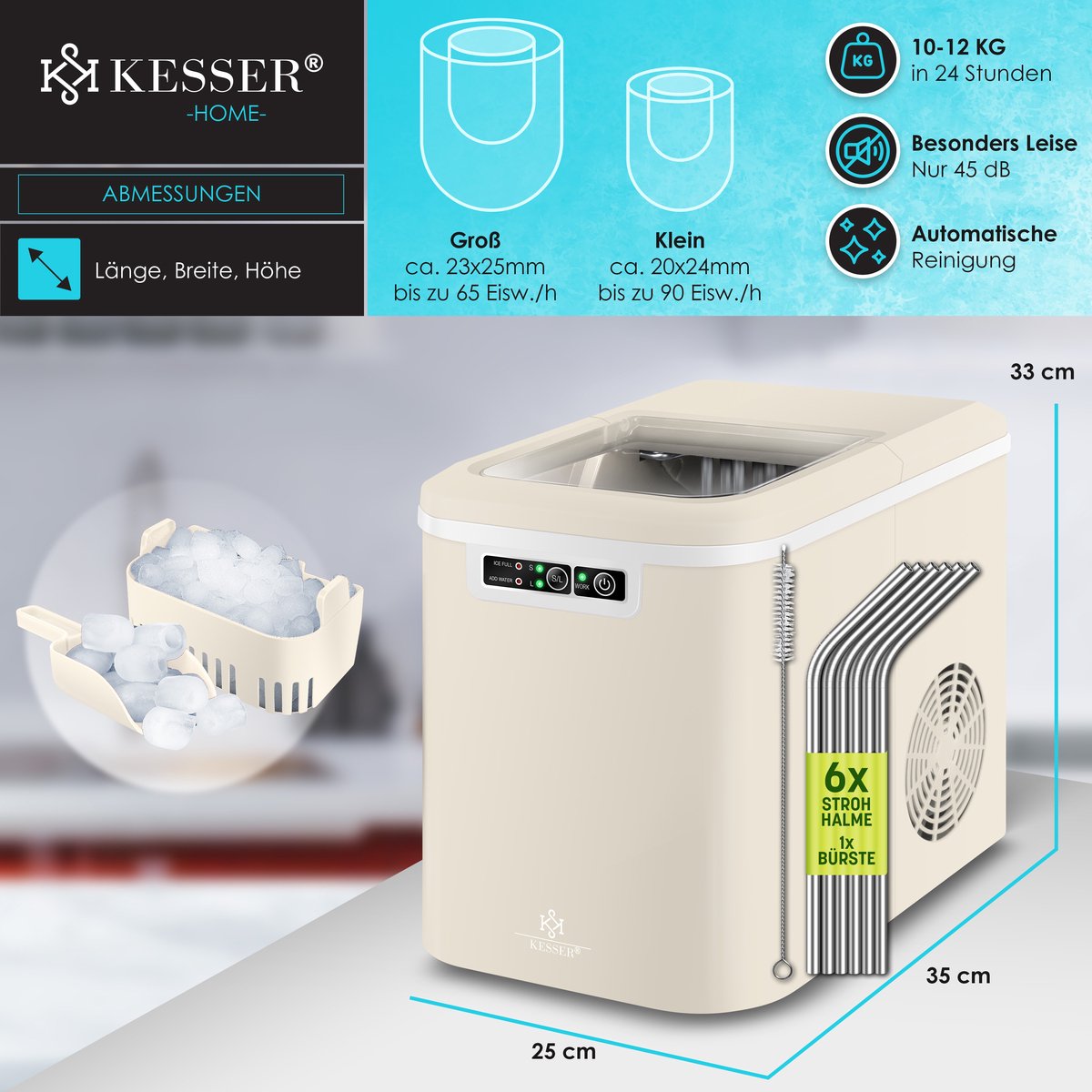IJsblokjesmachine – 12kg/24 uur – IJsmachine - IJsblokjesmaker - Crème - KESSER®