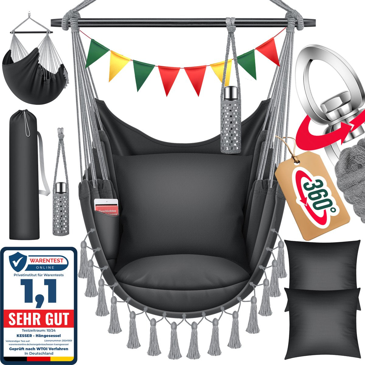 KESSER® XXL Hangstoel - 2 Kussens - Tot 150 kg - Antraciet •