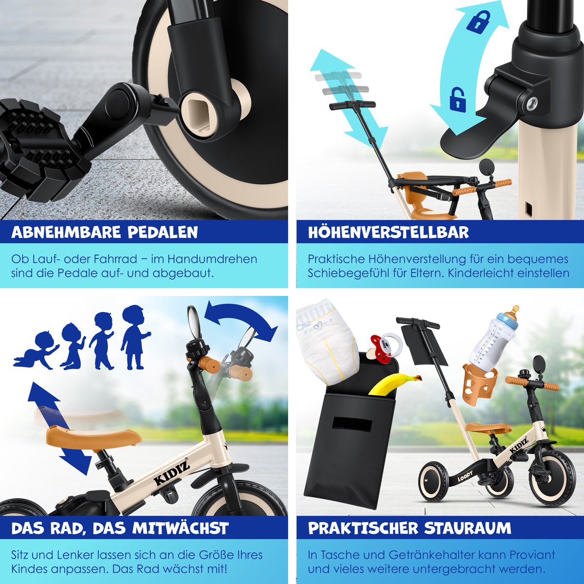 KIDIZ® Loopfiets 6in1 - Driewieler - Kinderfiets - 1-5 Jaar - Beige