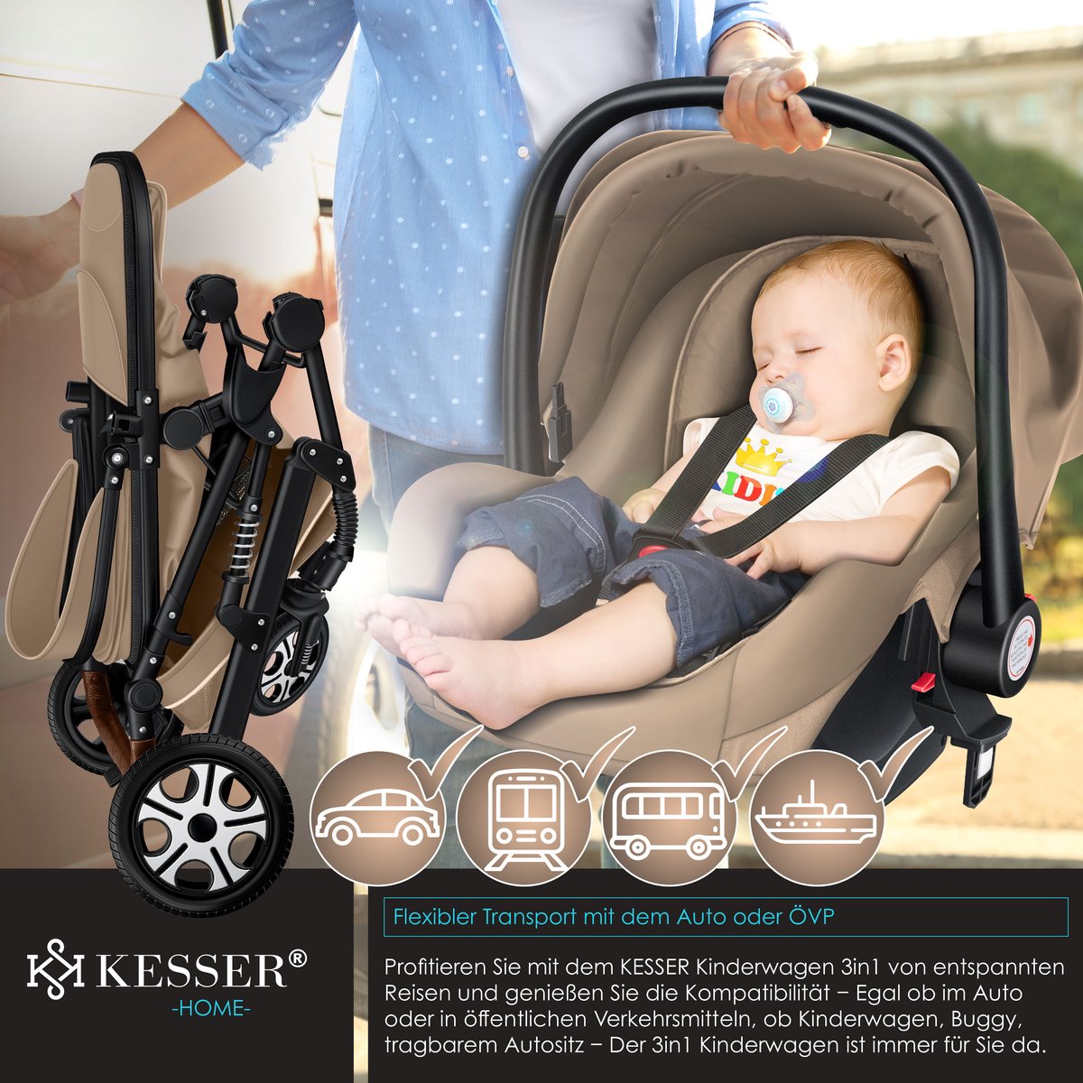 Kinderwagen 3 in 1 - Buggy - Wandelwagen - Kinderbuggy - Beige - KESSER®