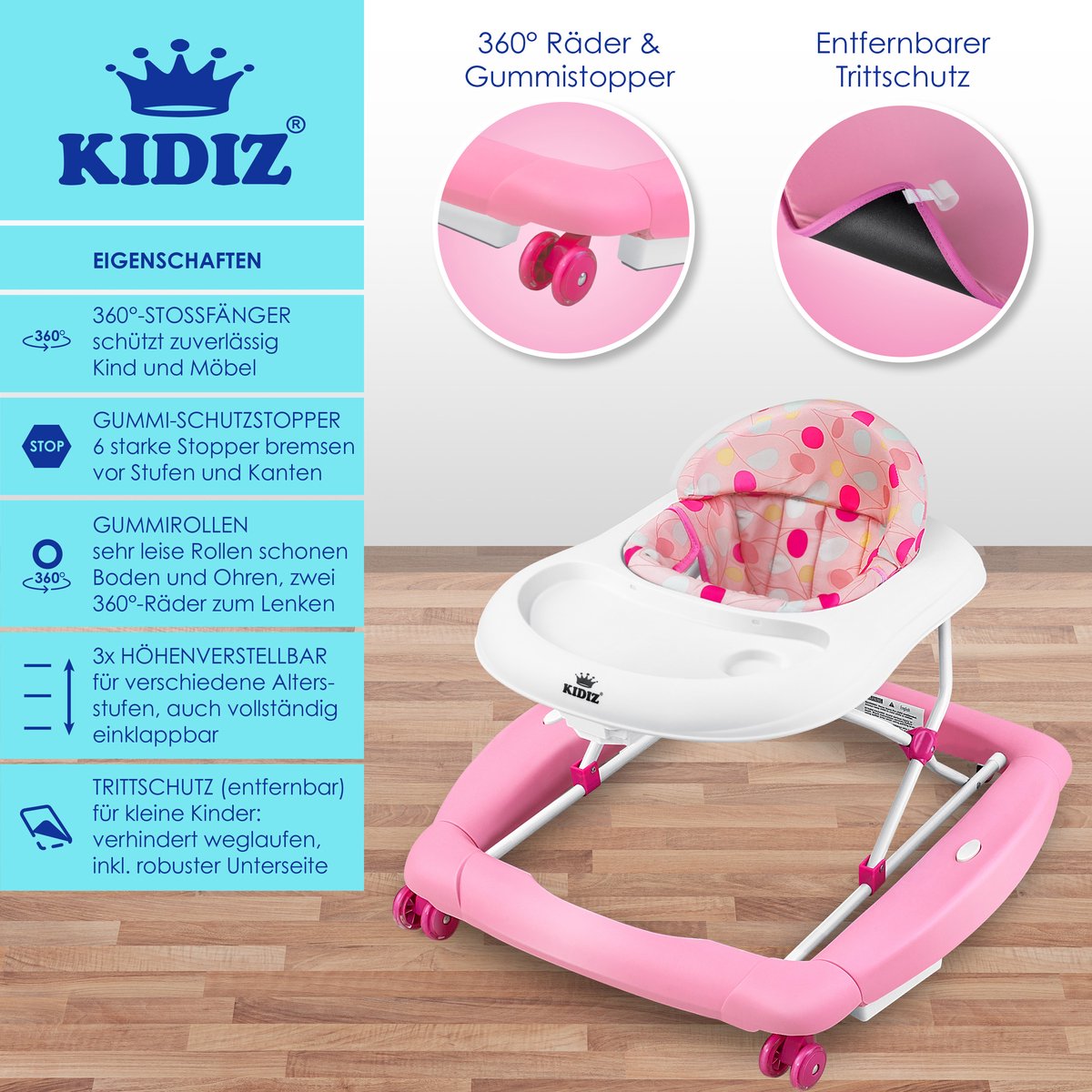 KIDIZ® 4in1 Babywalker / Loopstoel / Loopstoeltje voor Baby speel- en loopstoeltje - schommelfunctie baby wipstoeltje met wielen, licht, muziek, speelcentrum eettafel loopstoel loophulp baby's vanaf 6 maanden opvouwbaar - Roze