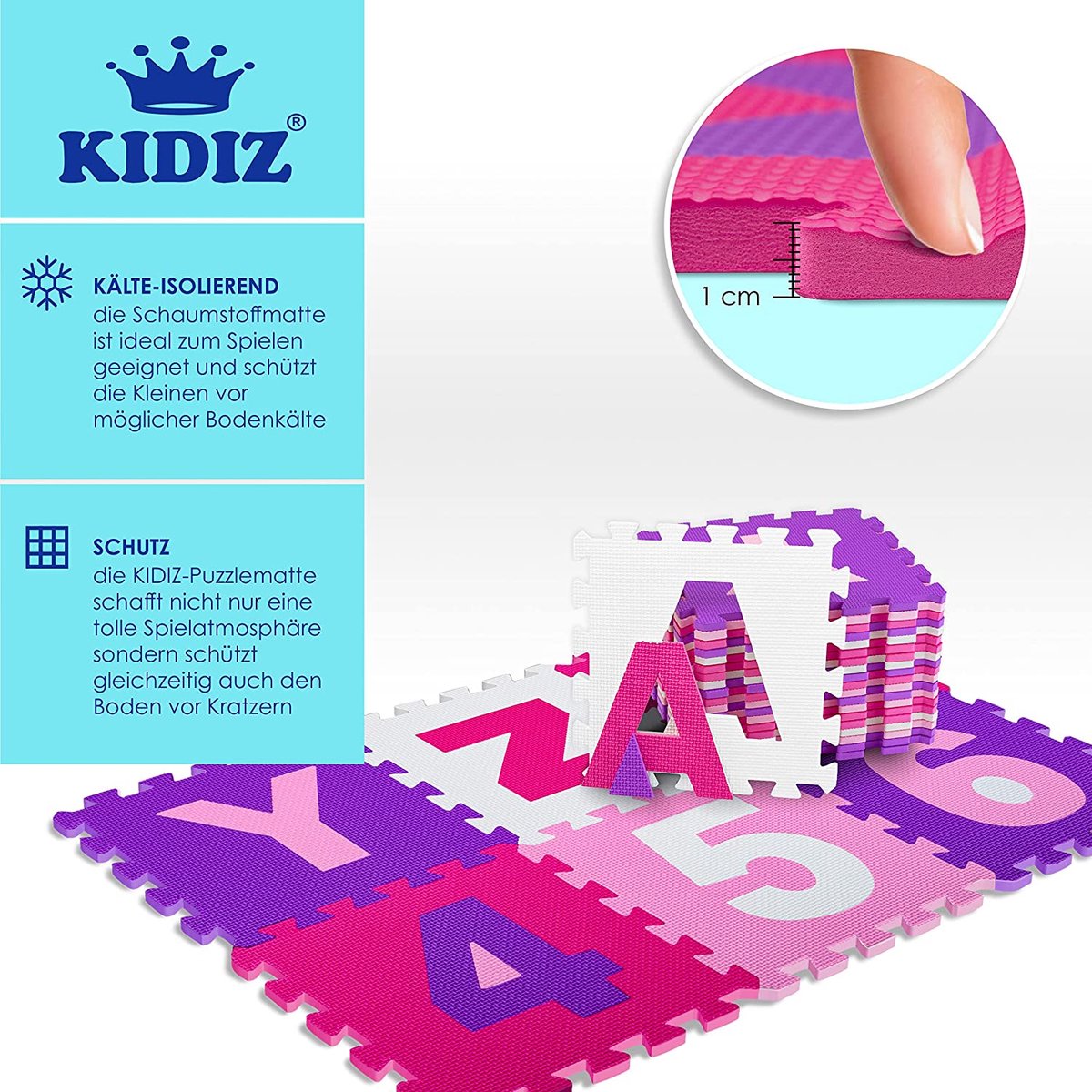 KIDIZ® 86-Delige Puzzelmat Speeltapijt Schuimmat Kindertapijt, Puzzel Cijfers en Letters Beschermende Mat - Roze