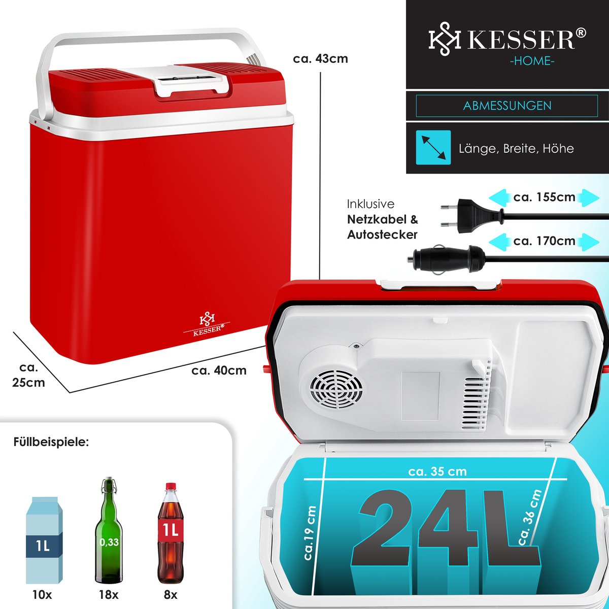 KESSER® Thermo-Elektrische Koelbox – 24L – 12V/230V – Rood •