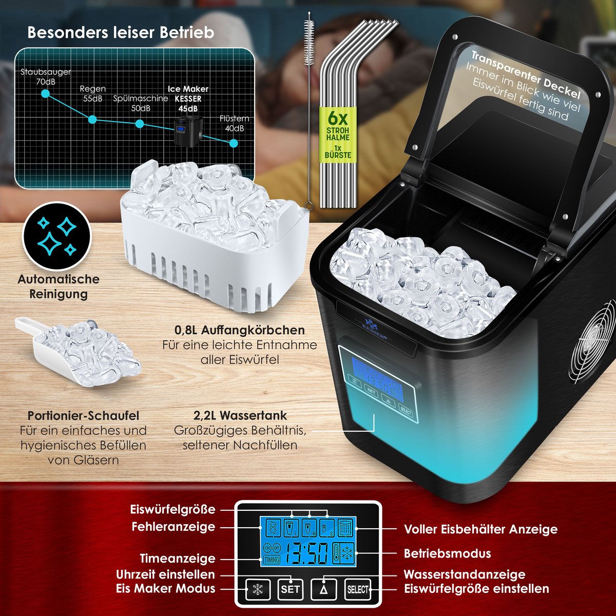 KESSER® Ijsblokjesmaker - Ijsblokjesmachine -12kg/24 uur - RVS - Zwart •