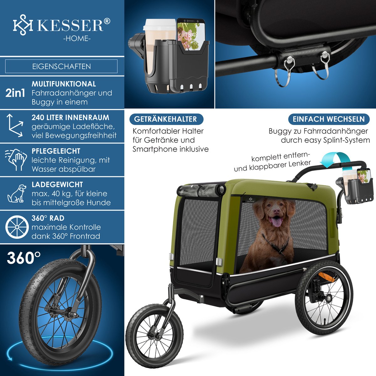 KESSER® Hondenfietskar tot 40 kg 3in1 Hondenbuggy - Fietskar Hond Jogger - Khaki