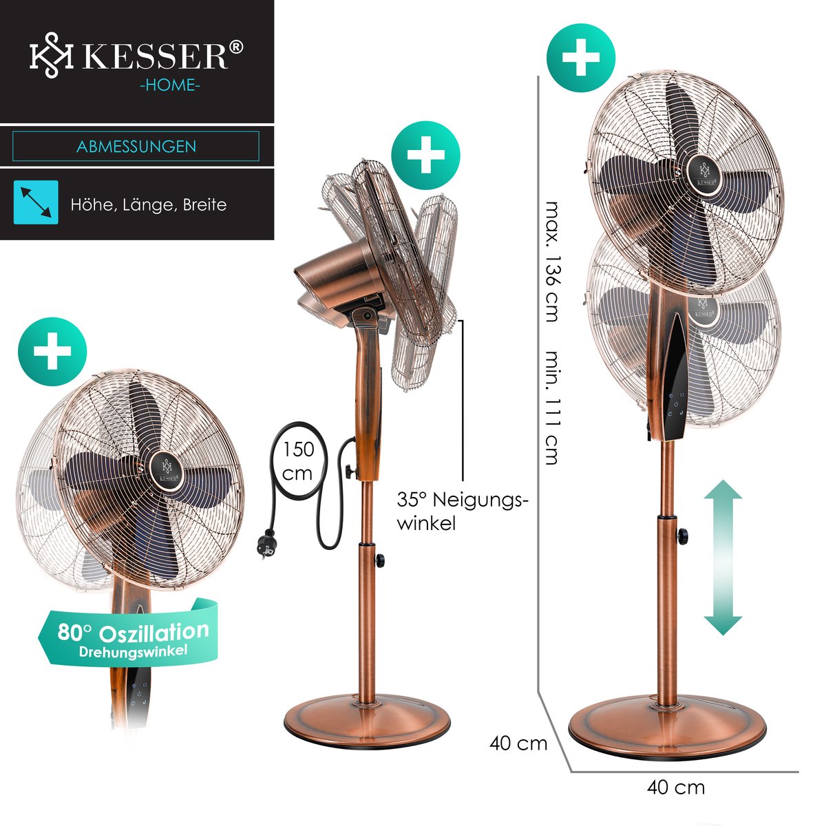 KESSER® Statiefventilator Metaal staande Ventilator met afstandsbediening APP Functie Wifi Timer - Oscillatiefunctie 80 graden 55W - 3 snelheidsniveaus In hoogte verstelbare stand - Koper