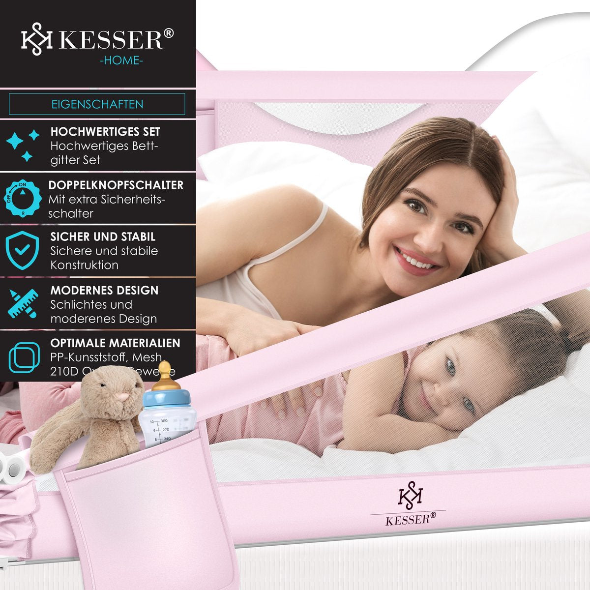 KESSER® bedhekje - Bedhek Kinderbedhek voor kinderen Baby bedhek Valbeveiligingsbed voor Bed & boxspring - 180cm, Roze