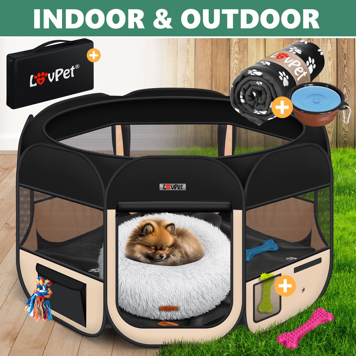 LOVPET® Puppyren voor Kleine Dieren Honden Katten - Opvouwbaar Hondenren inclusief kom en Haringen - Puppy Ren Pop-up Systeem Indoor & Outdoor Konijnenren - Beige
