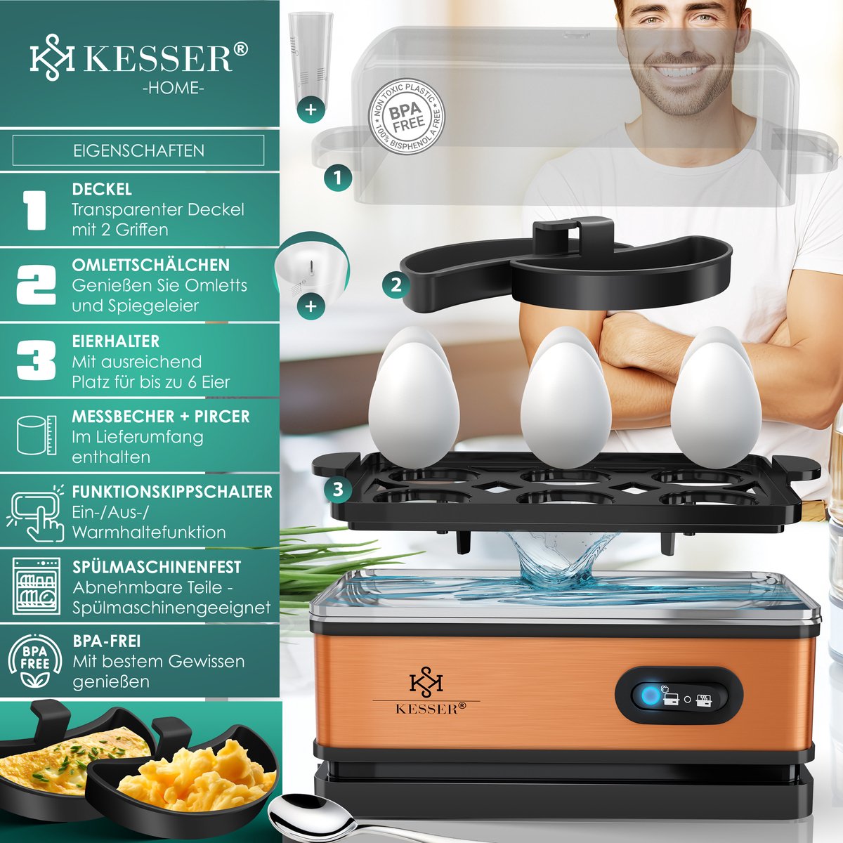 KESSER® Eierkoker electrisch voor 6 Eieren | Elektrische Eierkoker 400W van roestvrij staal met Timer en Maatbeker & 2x kom voor omelet BPA-vrij - Zwart / Koper •