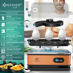 KESSER® Eierkoker electrisch voor 6 Eieren | Elektrische Eierkoker 400W van roestvrij staal met Timer en Maatbeker & 2x kom voor omelet BPA-vrij - Zwart / Koper •