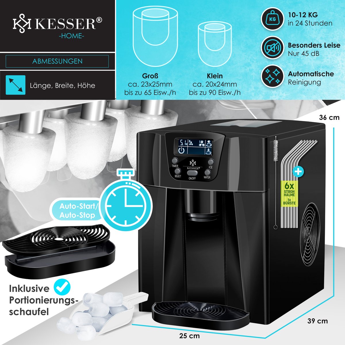 IJsblokjesmachine – 12kg/24 uur – IJsmachine - IJsblokjesmaker - Zwart - KESSER® •