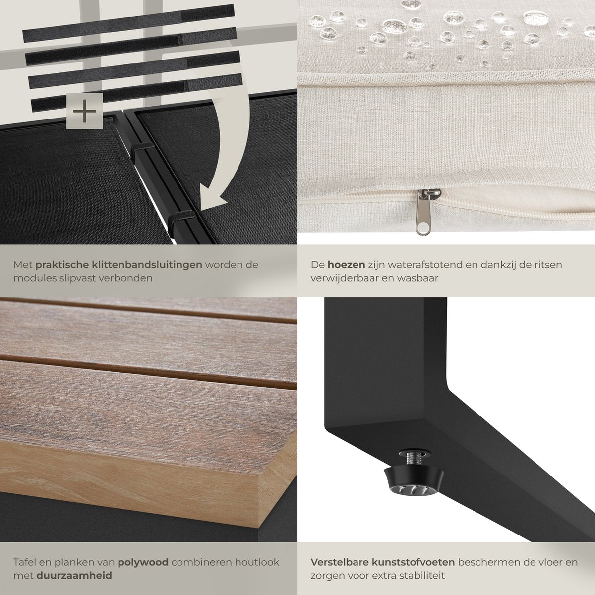 tectake® Tuinset Eilar - 4-Delige Loungeset - Weerbestendige Hoekbank met Aluminium Frame en Houtlook Zijtafeltjes - Tuintafel - Verstelbare Rugleuning - Te Gebruiken als Ligbed - Tuinmeubelset met Kussens - Ideaal voor tuin, balkon en terras