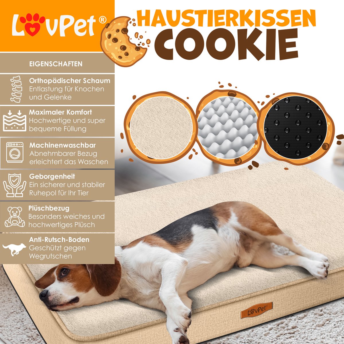 LovPet® Hondenmand - Orthopedisch Hondenbed - 91x69cm - Beige