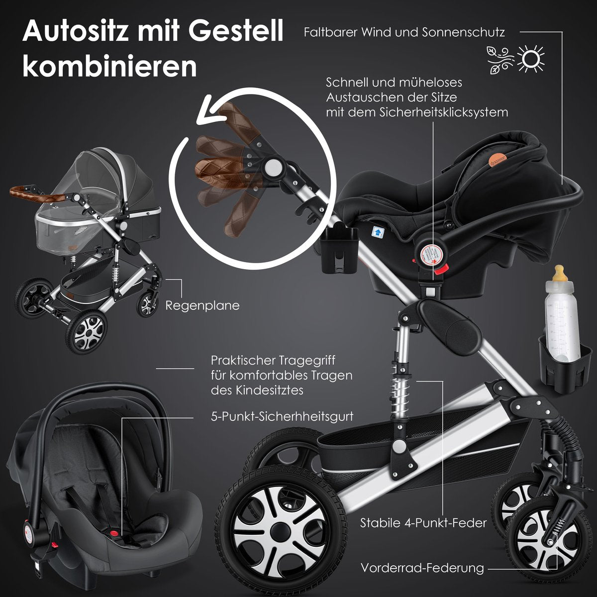 Kinderwagen 3 in 1 - Buggy - Wandelwagen - Kinderbuggy - Grijs - KESSER®