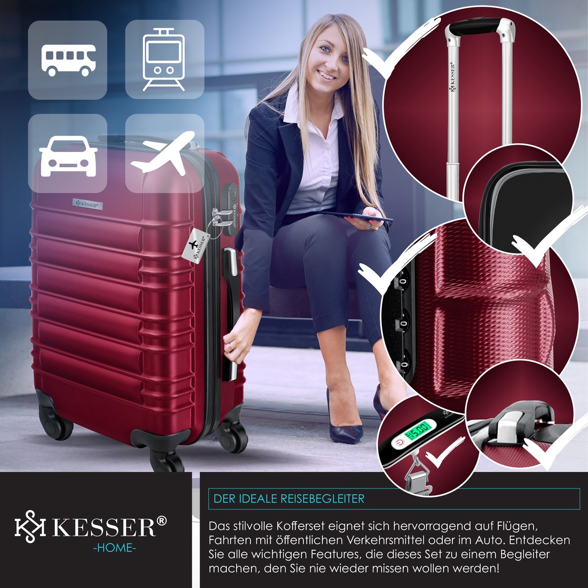 KESSER® 4x Koffer, reiskofferset, trolley koffer, incl. bagageweegschaal + bagagelabel rollend kofferslot, 4 wielen ABS, harde schaal telescoopgreep S-M-L-XL - Bordeaux