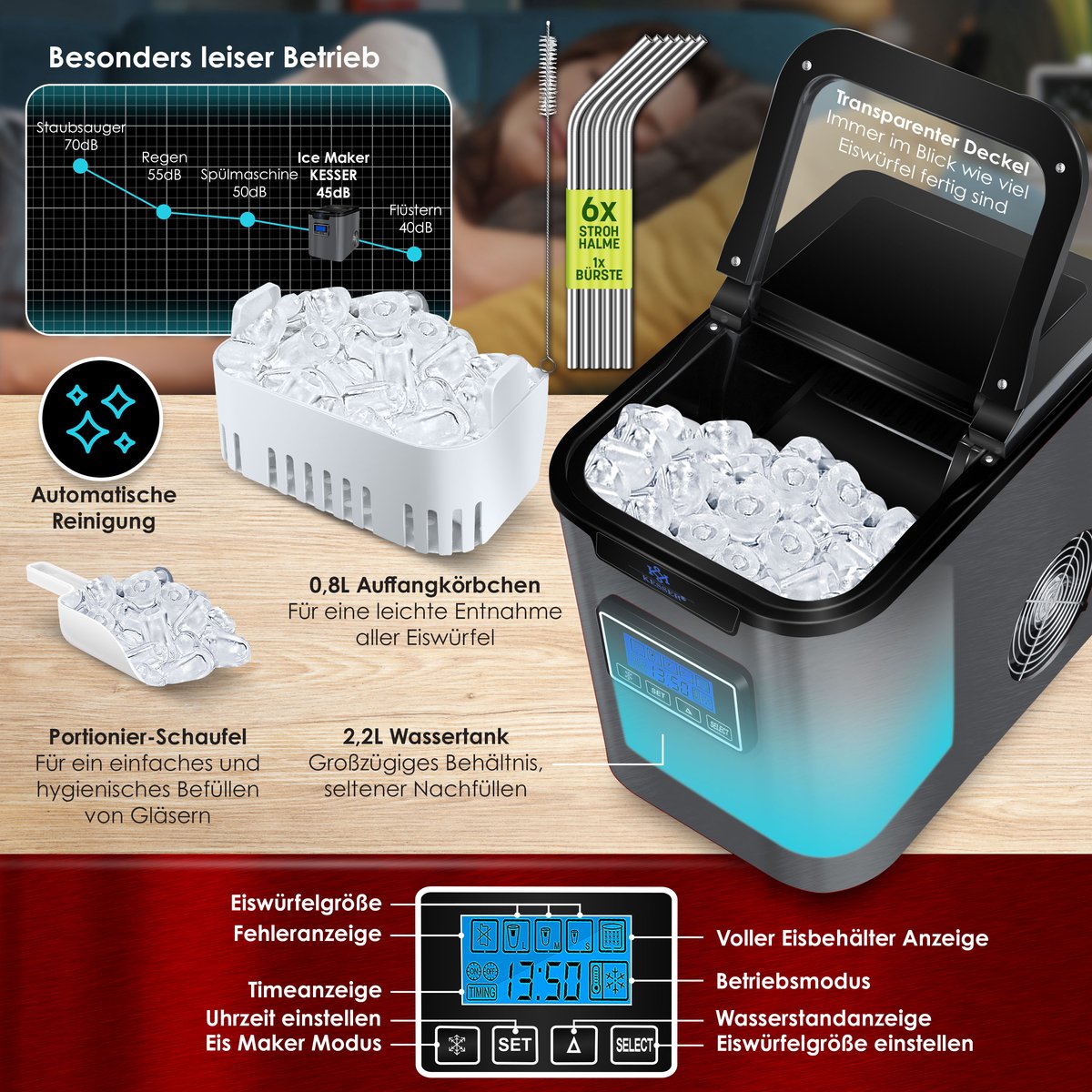 IJsblokjesmachine – 12kg/24 uur – IJsmachine - IJsblokjesmaker - Antraciet - KESSER®