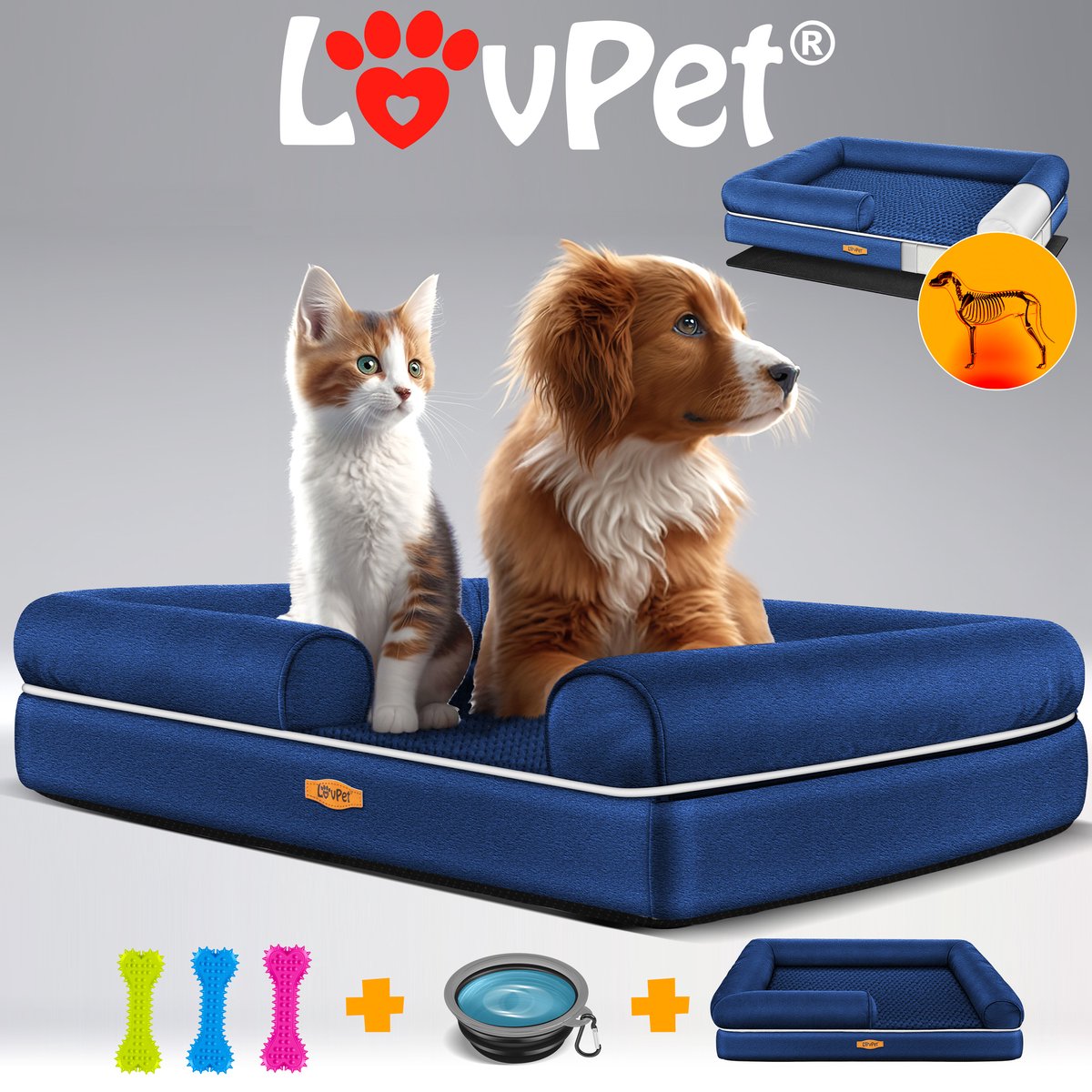 LovPet® Hondenmand Orthopedisch Hondenbed Hondenkussen Relax, Inclusief Kom + 3X Kauwbotten, Hondenbank voor Kleine, Middelgrote & Grote Honden, Hoes Afneembaar en Wasbaar - M (91 x 71 x 25 cm), Marineblauw