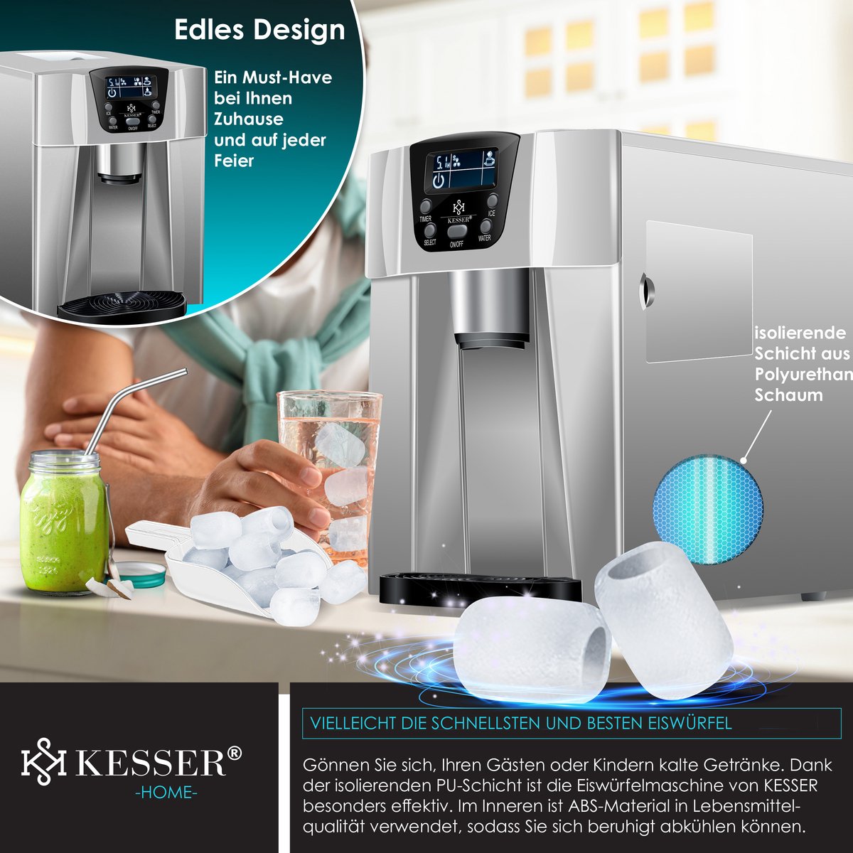 IJsblokjesmachine – 12kg/24 uur – IJsmachine - IJsblokjesmaker - Grijs - KESSER®