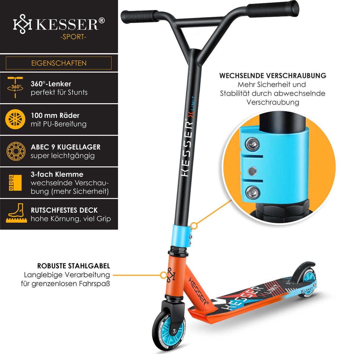 KESSER® X-Limit Stuntstep voor Volwassenen en Kinderen - Step Opvouwbaar en Verstelbaar in Hoogte - Kinderstep met PU Wielen - Rood / Lichtblauw