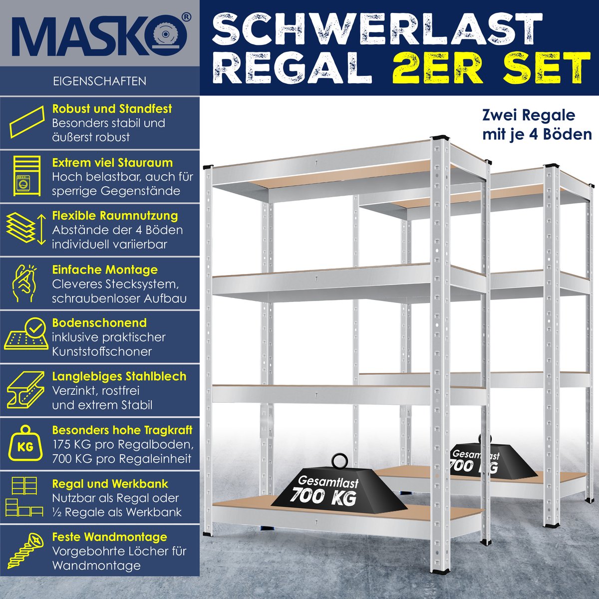 MASKO® Opbergrek - Stellingkasten - Set van 2 - Tot 1400kg - Zilver •