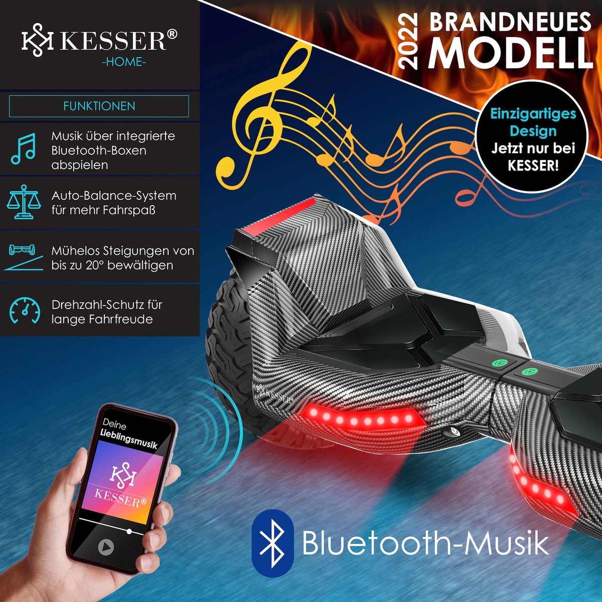 KESSER® Hoverboard - 800 Watt - Bluetooth-luidspreker - LED