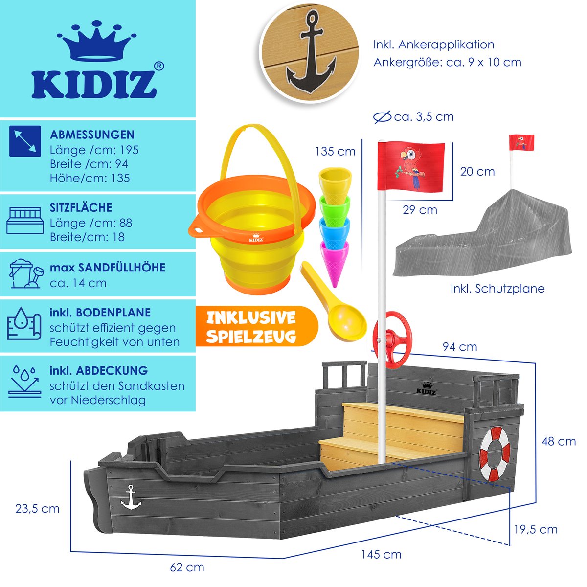 KIDIZ® Zandbak piratendesign - Met bankje - Antraciet