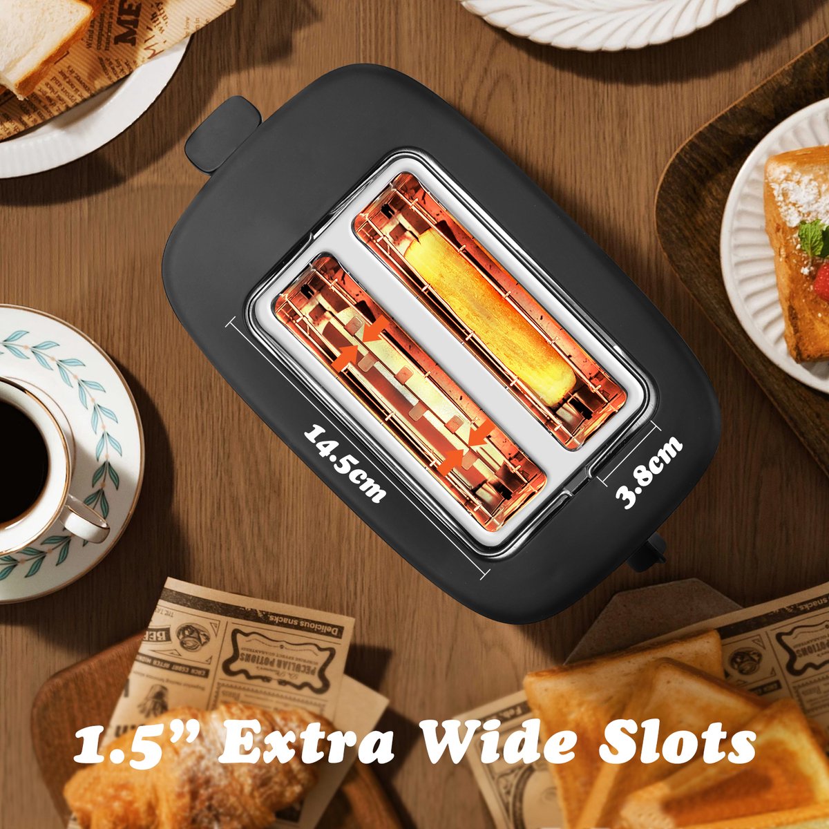 Aigostar 30J4R - Broodrooster - Retro - Toaster - 6 Warmteniveaus - 2 Extra Brede Sleuven - 800W - Zwart