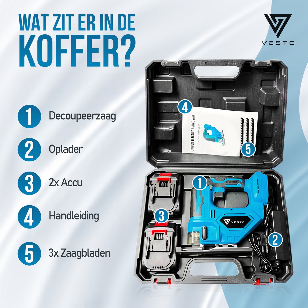 Vesto® Accu Decoupeerzaag – 21V Li-Ion – Variabele Snelheid – Zaagdiepte 65 mm – Incl. 2 Accu’s, Zaagbladen & Koffer – Draadloos – Voor Hout, Metaal & Kunststof